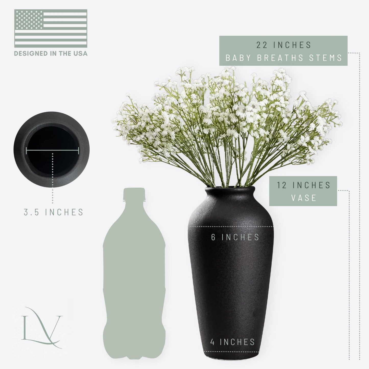 Laurel&Vine 12" Tall Black Ceramic Vase, Speckled Textured Minimalist, with 15 Stems of 22" Faux Artificial White Babys Breath, Farmhouse Console Centerpiece Decor, Real Touch Fake Flowers in Vase